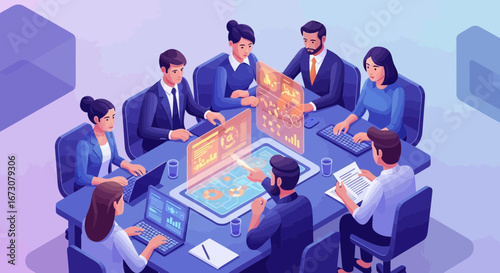 A team of business professionals in a modern office collaborating around a futuristic conference table with interactive holographic displays.