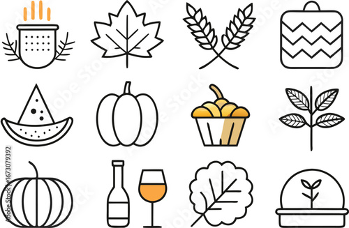 Harvest bounty icons featuring pumpkins, grapes, leaves, and fresh produce for seasonal celebrations