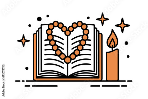 Open Book with Rosary and Candle Symbol of Faith and Devotion