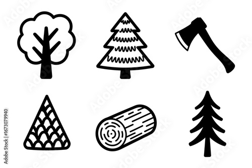 Forest Icons Minimalist Outlines of Trees, Wood, and Axe for Nature and Outdoor Themes