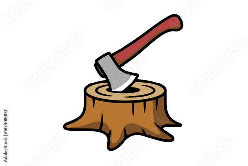 Axe Embedded in Tree Stump Rustic Woodcutter Illustration