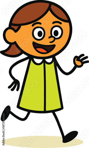 Cartoon illustration of smiling young girl running happily, wearing green dress, fun child character design for school, education, learning, kids.