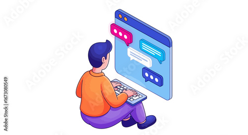 Isometric illustration of a person sitting and typing on a keyboard, engaging in an online chat on a computer screen.