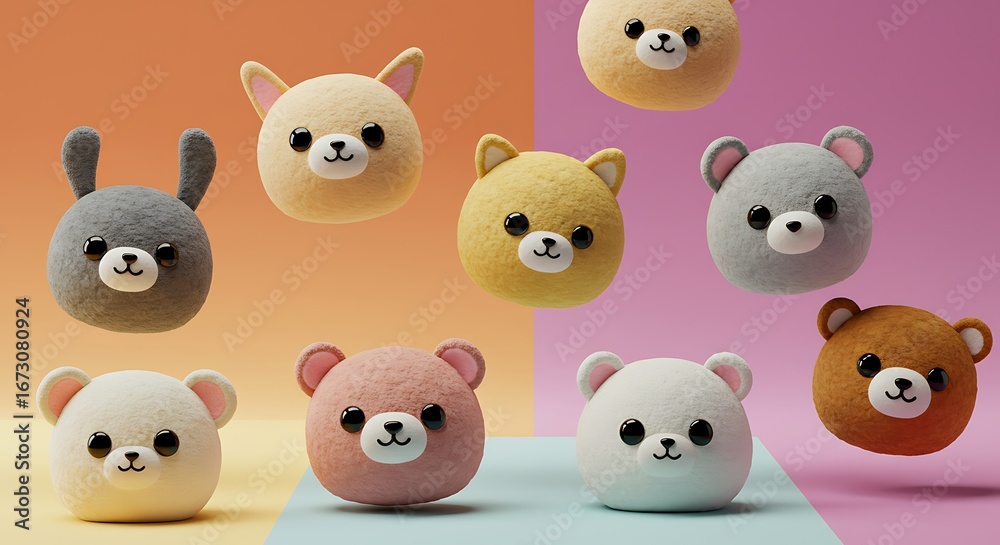 Obraz premium Adorable fluffy animal heads float against a pastel background.