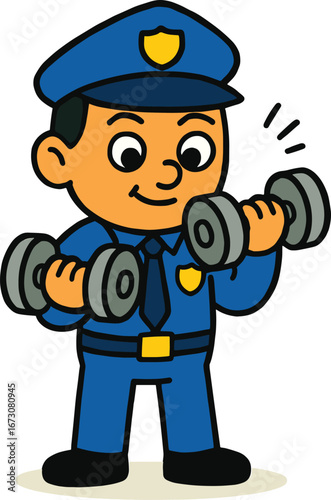 Cartoon illustration of police officer exercising with dumbbells, fitness training, strong cop character, workout concept, vector art, healthy lifestyle.