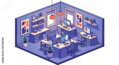 An isometric illustration of a modern office interior with multiple workstations, computers, and plants.