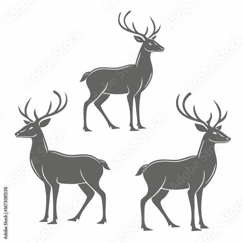Three Stylized Deer Silhouettes with Antlers on White Background stag animal
