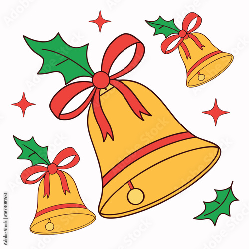 Three Yellow Christmas Bells with Red Ribbons and Holly Sprigs Scattered yellow bells festive