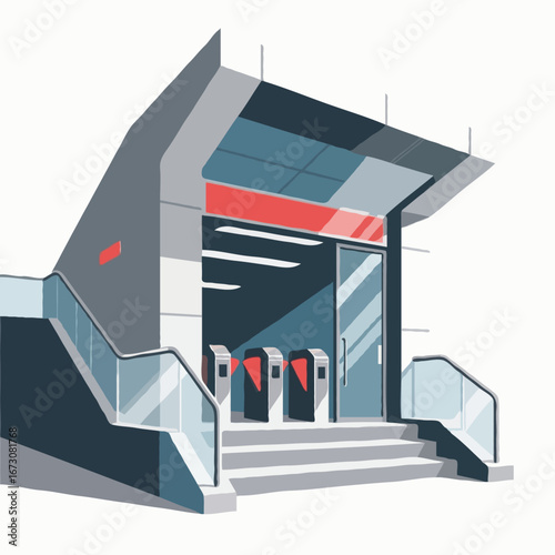 Modern underground transport hub entrance with turnstiles, showcasing contemporary urban infrastructure design and sleek architectural lines