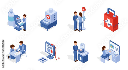 Isometric illustrations set of medical scenes, including doctors, patients, healthcare equipment, and consultations.