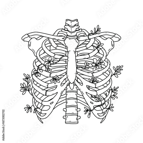 Floral ribcage line art illustration organic growth anatomy symbolism metaphor for life vector