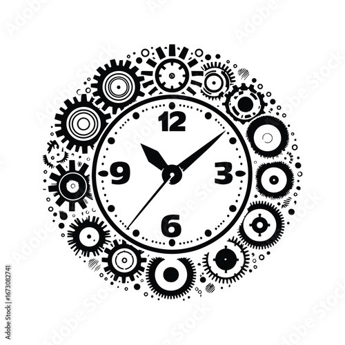 Black and White Clock with Gear Symbol