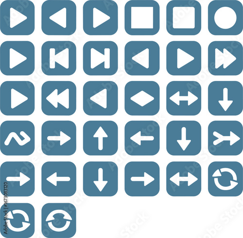 Collection of blue square icons with various navigation and playback symbols media