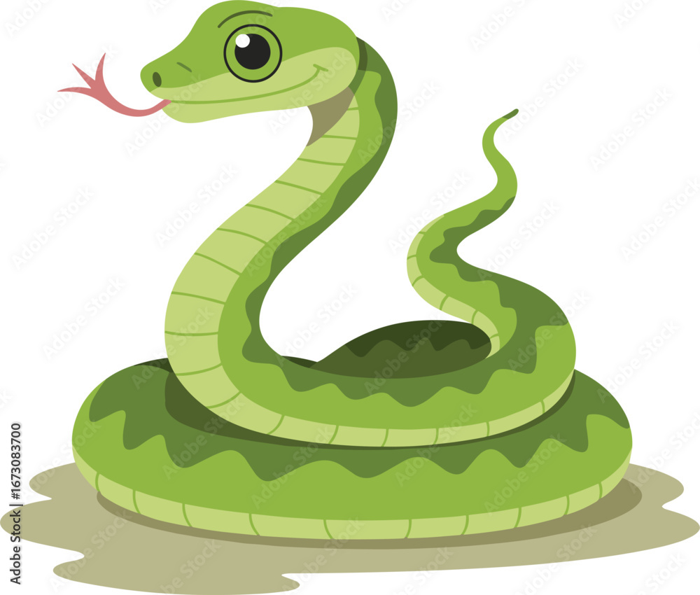 Fototapeta premium Friendly green cartoon snake coiled with tongue sticking out reptile animal