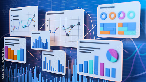 Futuristic digital dashboard with glowing data visualization screens showing financial analytics charts and business intelligence graphs