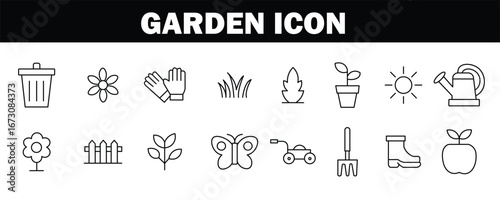 garden line icon set vector on white background. nature, outdoor, plant, flower, equipment, tool, tools, farm, farming, spring, summer, growth, symbol.