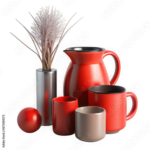 Minimalist still life red pitcher mugs and vase with dried grass on a dark surface