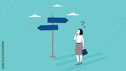 choose a new career path, confused businesswoman about choosing his career direction, make life decision choice, decide the right or wrong direction
