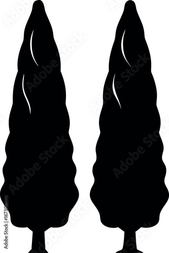 A simple black graphic silhouette of two tall Italian cypress trees isolated on a white background. Vector icon for nature and landscaping design