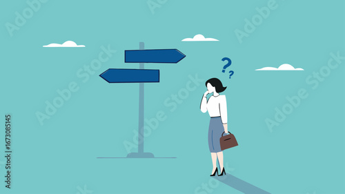 choose a new career path, confused businesswoman about choosing his career direction, make life decision choice, decide the right or wrong direction
