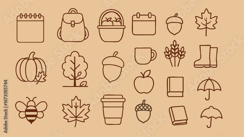 Autumn outline icon set with leaves pumpkins umbrella coffee