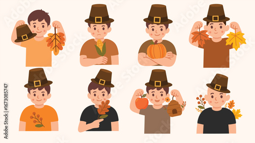 Autumn man character set wearing pilgrim hat holding harvest