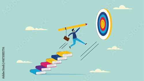 achieving education goals, strategies for achieving success with higher education, courses or skills development, Businesspeople create ladders from books to target educational goals with pencil
