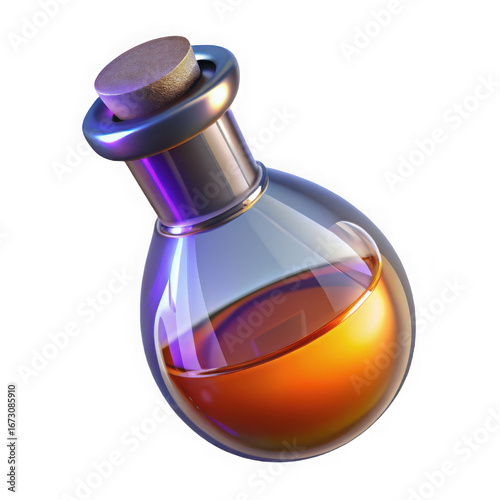 Small clear glass vial with ribbed neck filled with orange liquid and silver cap