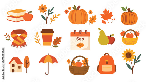 Autumn element set with pumpkins leaves scarf books calendar