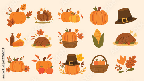Thanksgiving pumpkin harvest collection with turkey corn hat basket