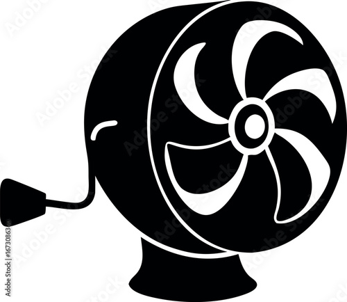A classic black and white illustration of a vintage hand-cranked fan with five blades and a curved handle, perfect for retro design elements