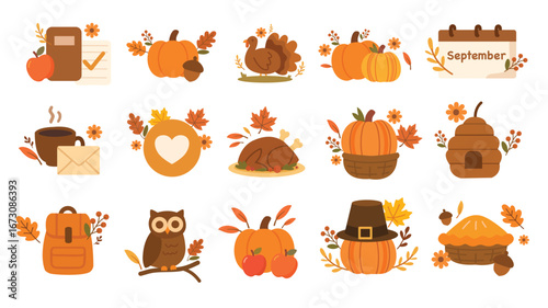 Thanksgiving harvest set with turkey pie owl apples basket