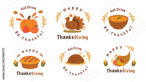 Thanksgiving food badges with turkey pumpkin pie celebration theme