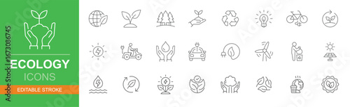 Ecology icon set. Simple outline style. Environment, sustainability, nature, recycle, renewable energy, electric bike, eco friendly, forest, wind power, green concept. Line symbol. Editable stroke