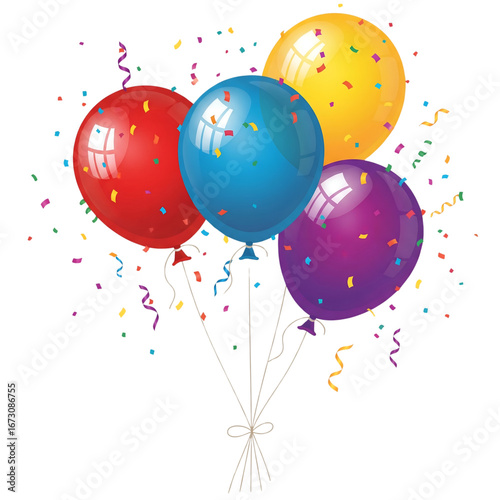 Bunch of Colorful Balloons and Confetti, Celebration and Party, Vector Illustration