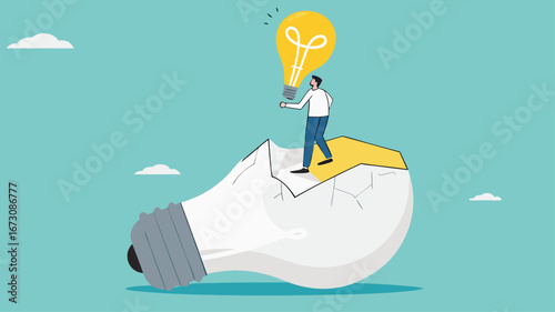 changing business strategies or ideas, move on to new business opportunities for career success, businessman flying leaving broken light bulb using new light bulb idea concept vector illustration
