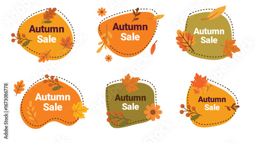 Autumn sale label bundle with leaves shapes seasonal promotion