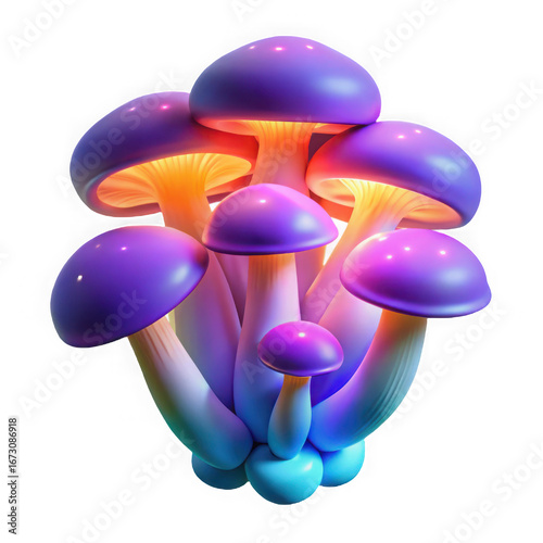 Vibrant bioluminescent mushroom cluster glowing with magical purple and yellow light