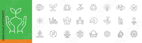 Ecology icon set. Simple outline style. Environment, sustainability, nature, recycle, renewable energy, electric bike, eco friendly, forest, wind power, green concept. Line symbol. Editable stroke.