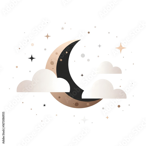 Celestial Illustration of a Moon and Clouds, Night Sky with Stars, Flat Design Vector