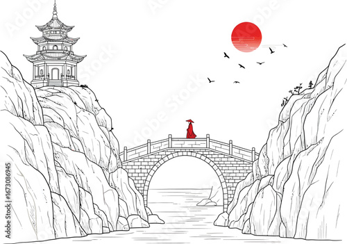 Serene traditional chinese ink wash painting depicting a lone figure on a stone bridge between misty mountains with a pagoda and red sun