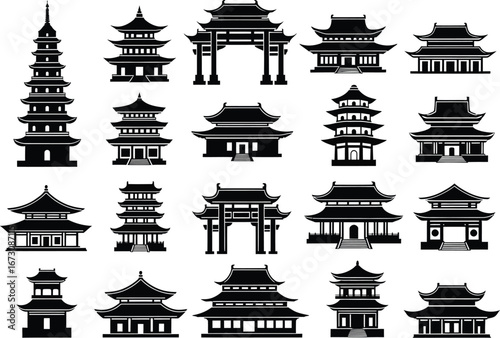 Collection of traditional asian pagoda and temple silhouettes representing east asian architectural styles