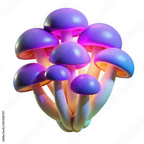 Bioluminescent mushroom cluster glowing with vibrant purple and pink light