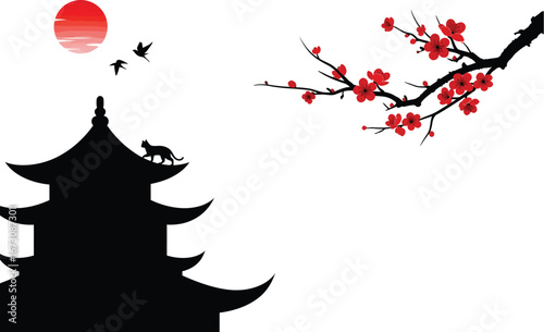 Serene japanese pagoda silhouette under blooming cherry blossoms and red lantern with flying birds