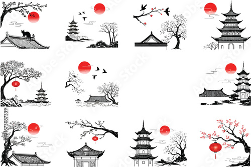 Collection of traditional japanese architectural elements and nature scenes with red lanterns and sun motifs