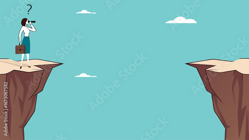 creative problem solving at work illustration with the concept of a businesswoman who is looking for a way to cross the gap between two cliffs, challenge at work
