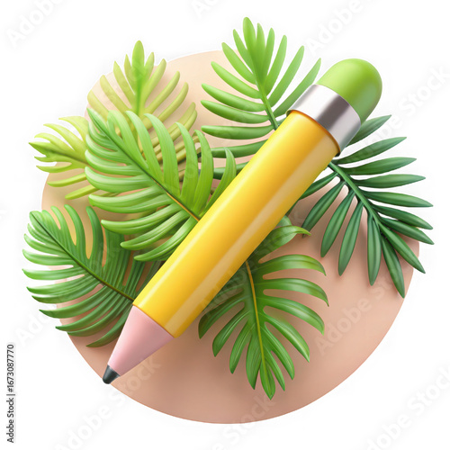 Vibrant yellow mechanical pencil surrounded by lush greenery artistic composition