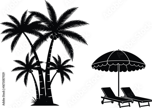 Silhouette of a cluster of palm trees next to two empty lounge chairs under a decorative beach umbrella on a white background