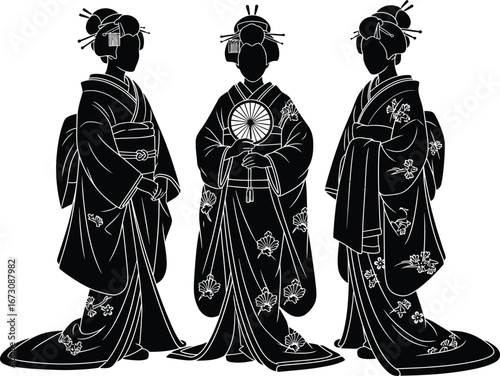 Three traditional japanese geisha women in elaborate kimonos and hairstyles stand together in a stylized artistic illustration