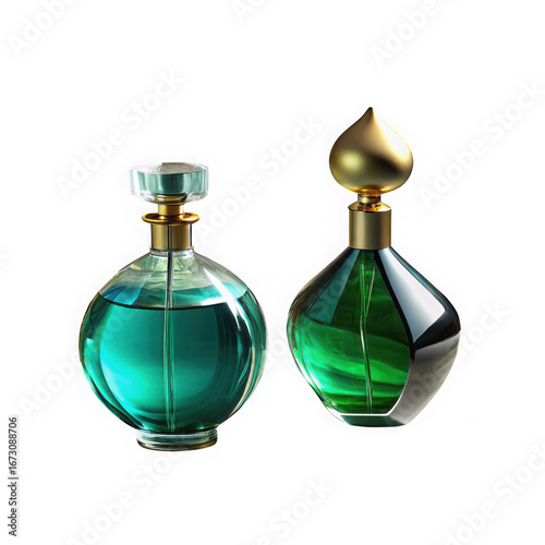 Two elegant glass perfume bottles one filled with teal liquid the other green liquid featuring gold caps
